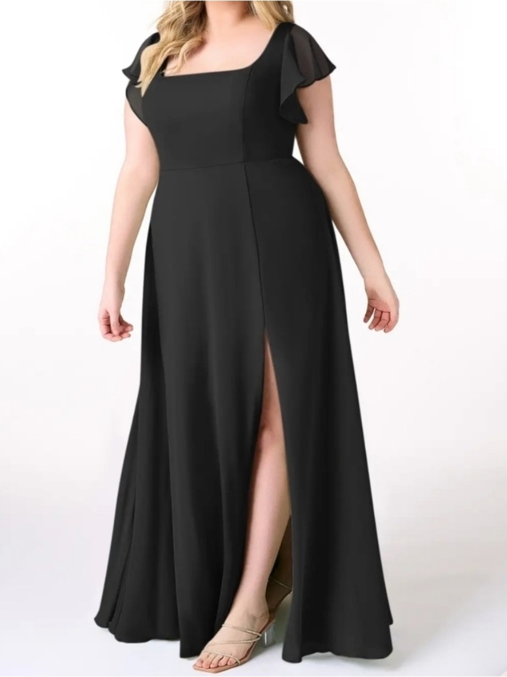 Azazie Black Square-Neck Maxi Dress with Flutter Cap Sleeves